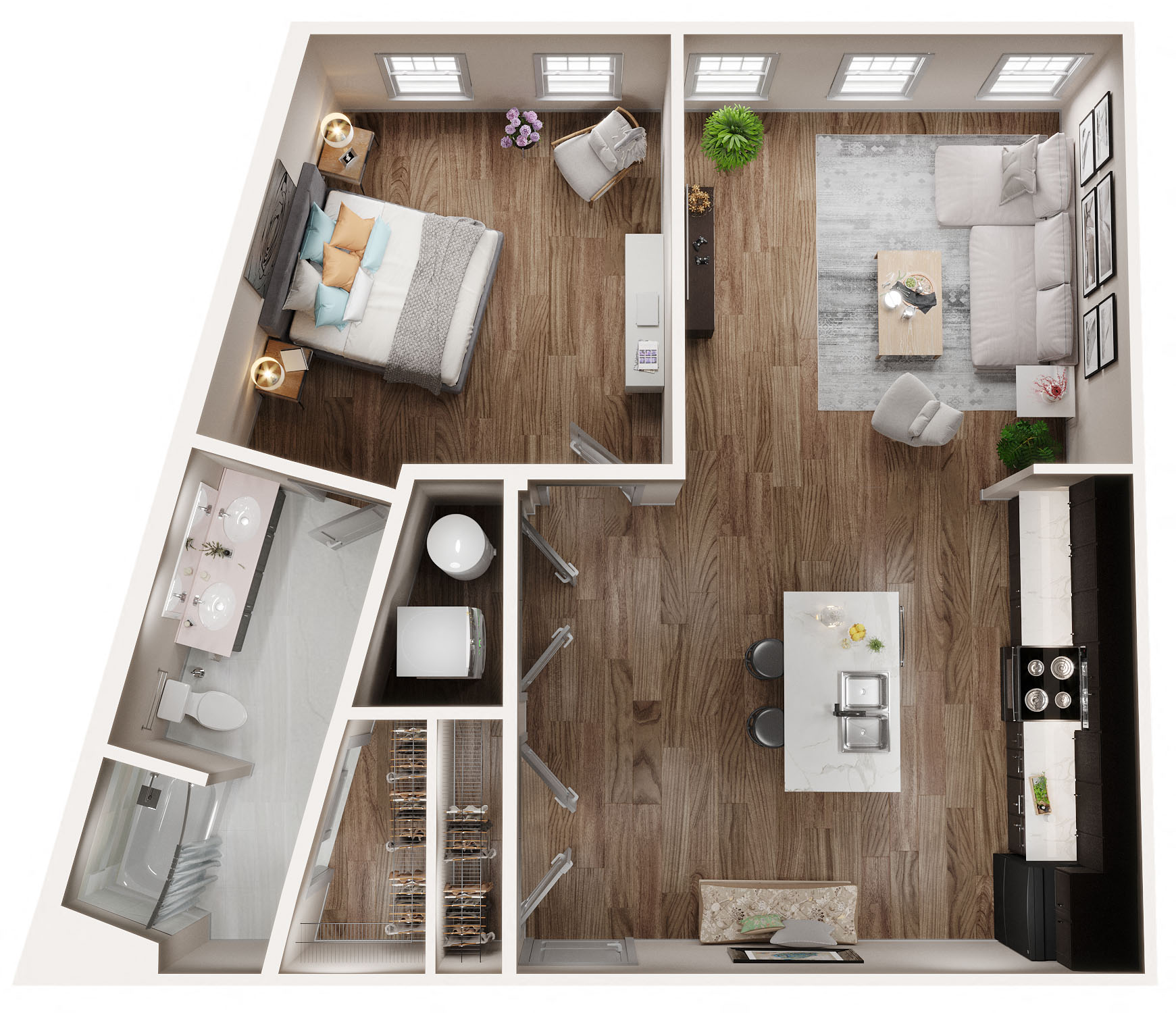 Floor plan for 1 bed, 1 bath, 972 sqft